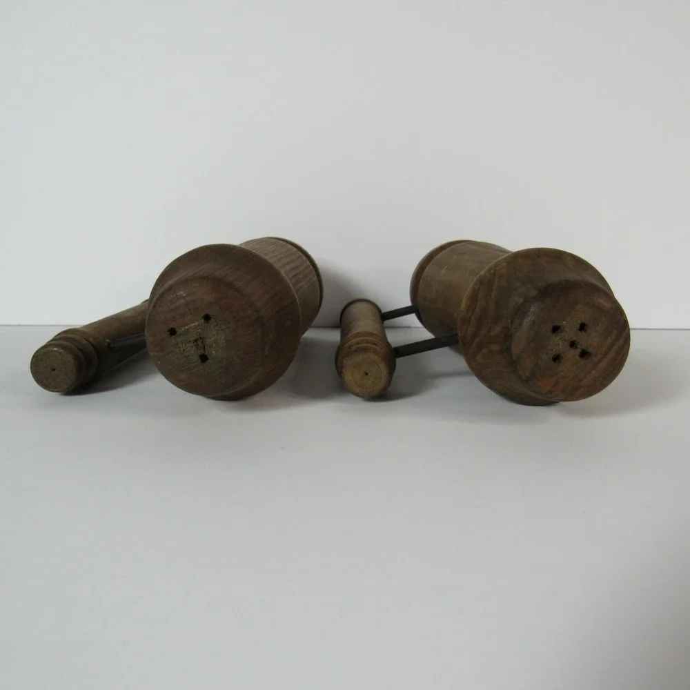 Vintage Large Wooden & Metal Salt & Pepper Shakers with handles VTG with plugs